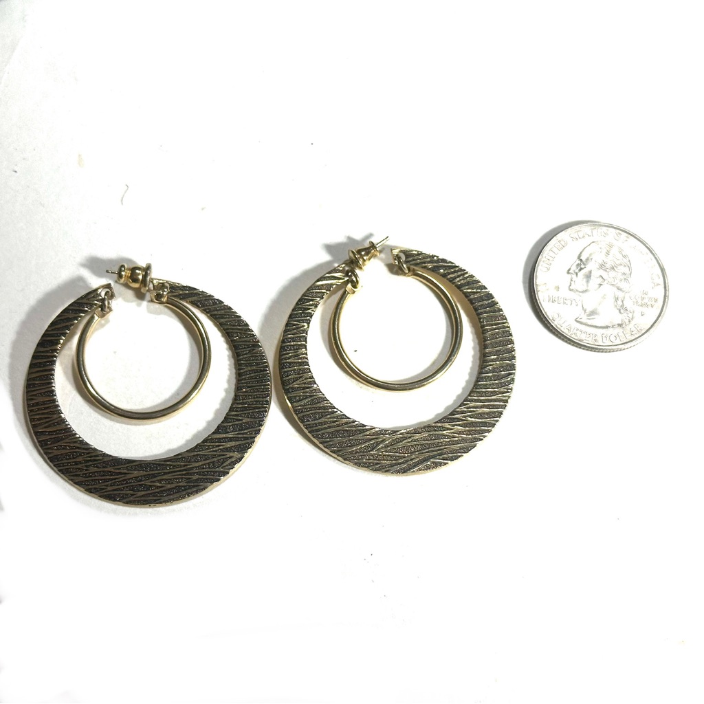 Double Hoop Earrings Gold Tone & Black Etched Design